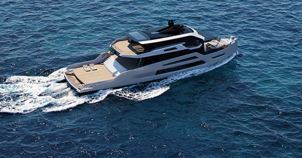 rendering of the Maori 125 yacht  with large aft deck with two sun loungers on cutting through water