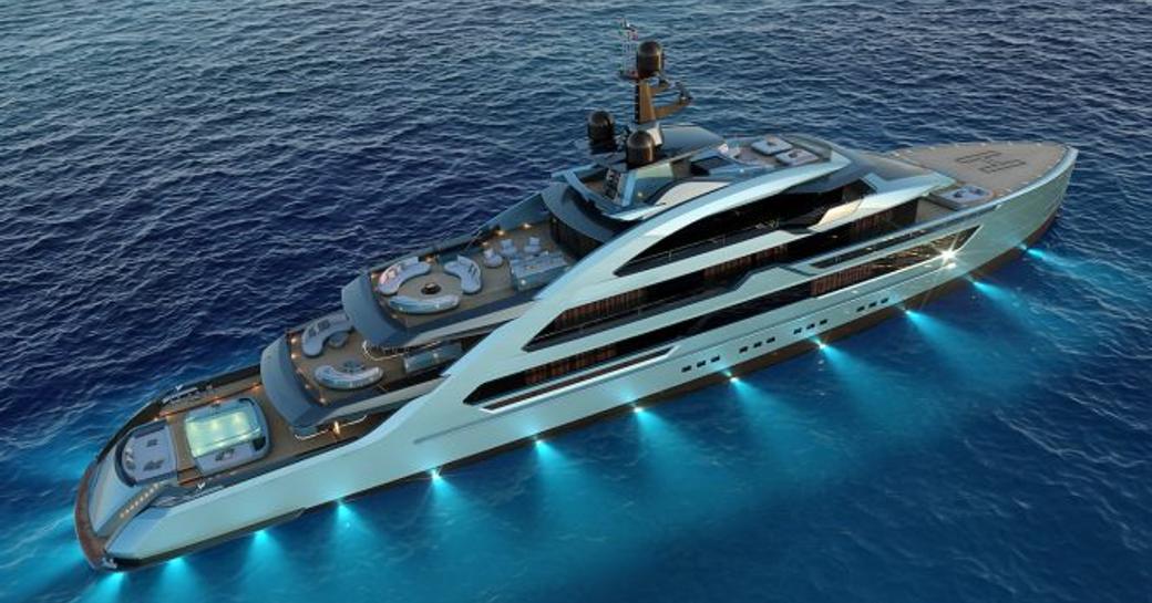 rendering of sleek and streamlined S702 model with silver superstructure and hull anchored on water and lit up