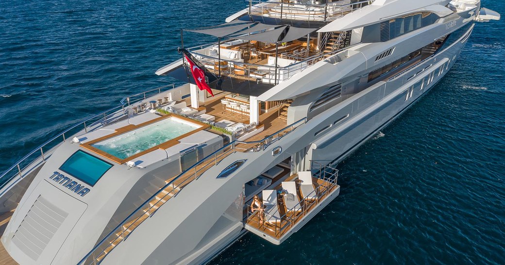 View of aft of superyacht TATIANA, showing all decks