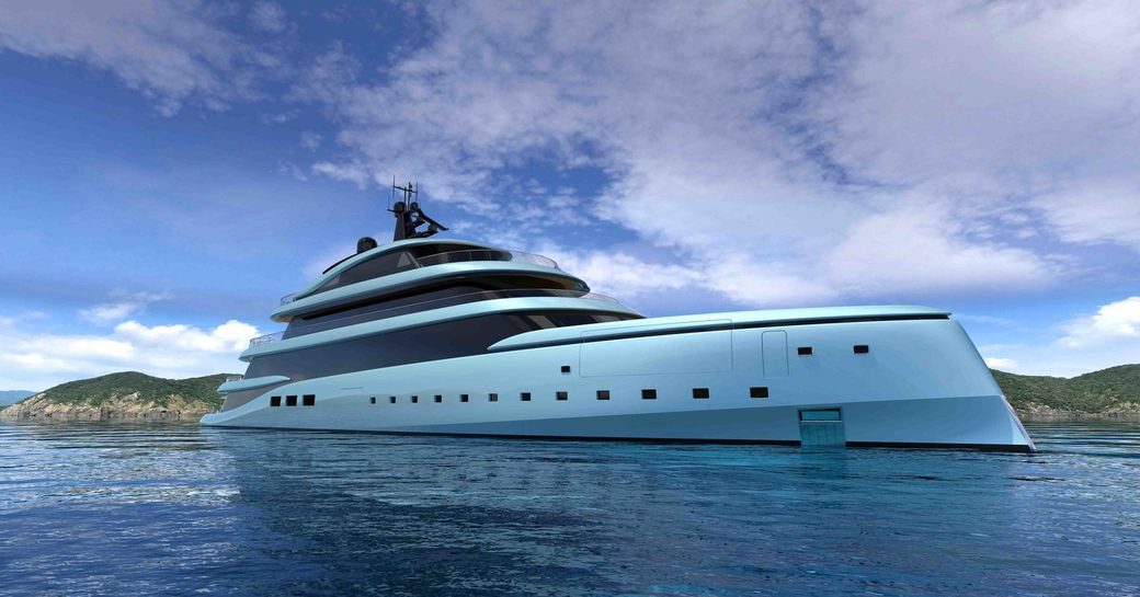 Superyacht KENSHO underway, surrounded by sea with land in the background.