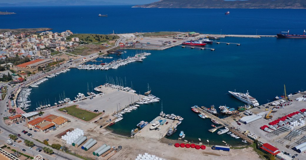 Aerial view of the famous port of Lavrio. Many motor yachts and sailing boats berthed in marina.