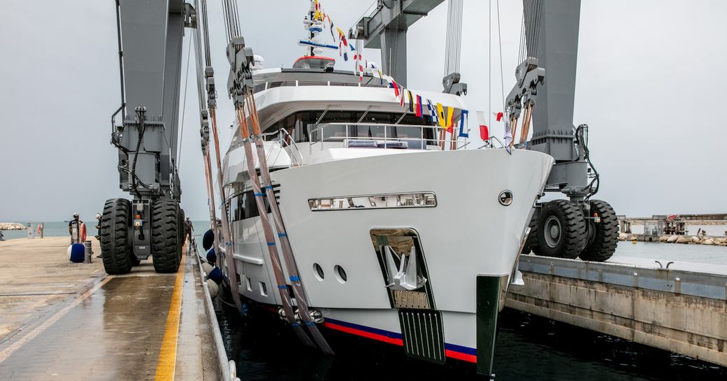 Hull of Crowbridge explorer yacht by Cantiere delle Marche as it prepares to launch