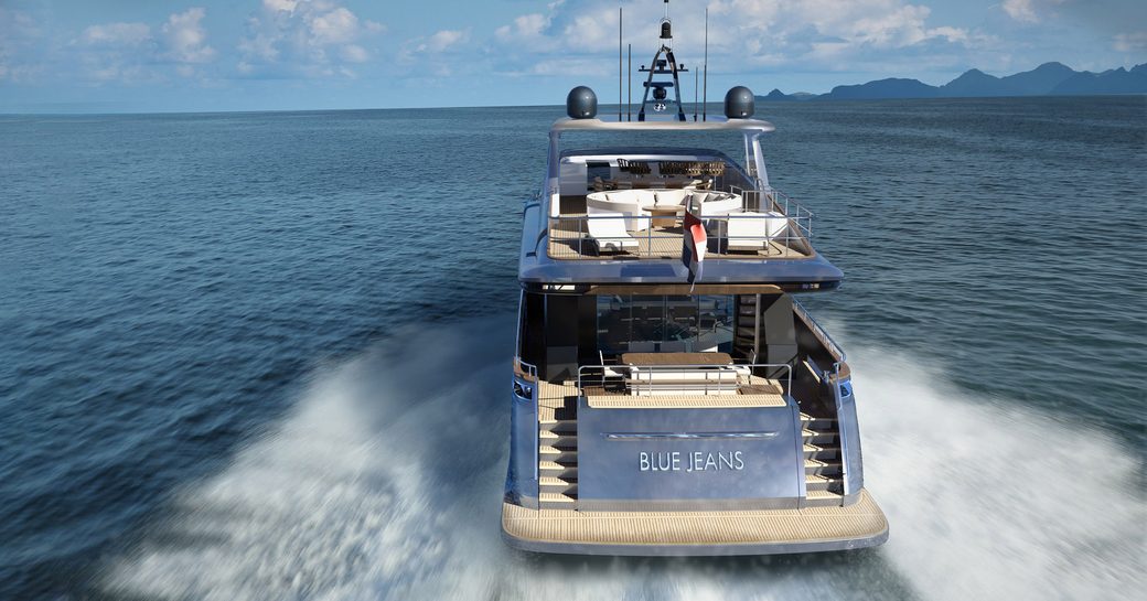 Blue Jeans superyacht viewed from behind on water