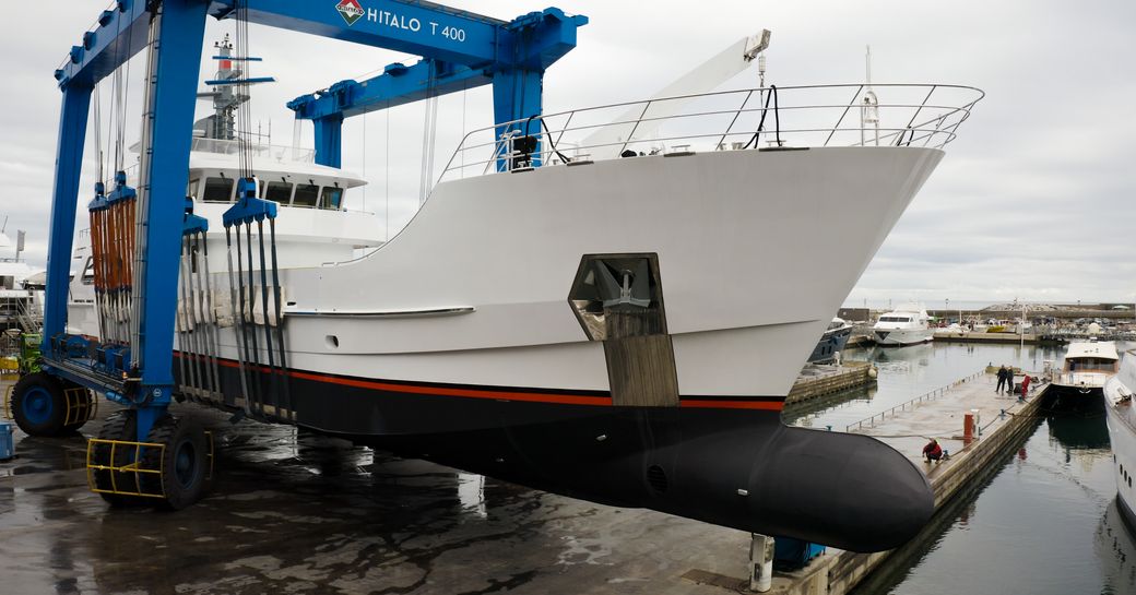 Explorer yacht Far Far Away in refit yard