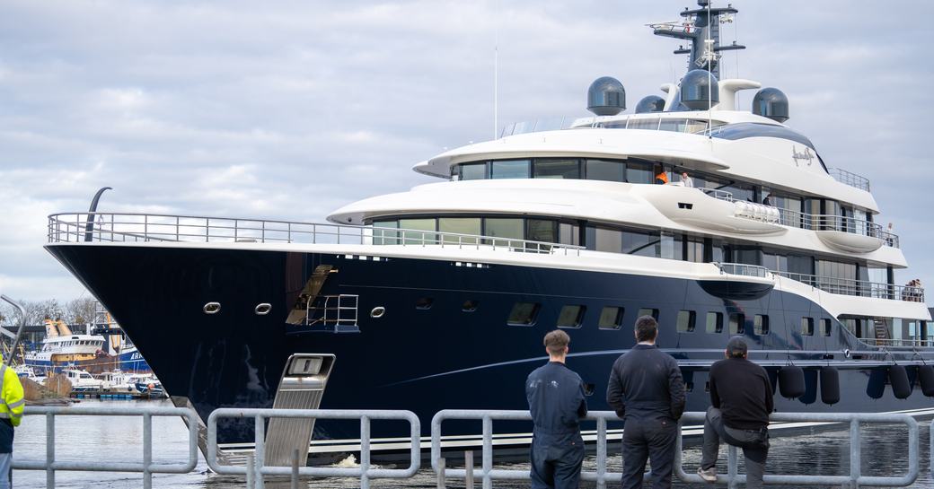 Here the Sun superyacht gets ready to leave Damen Yachting yard