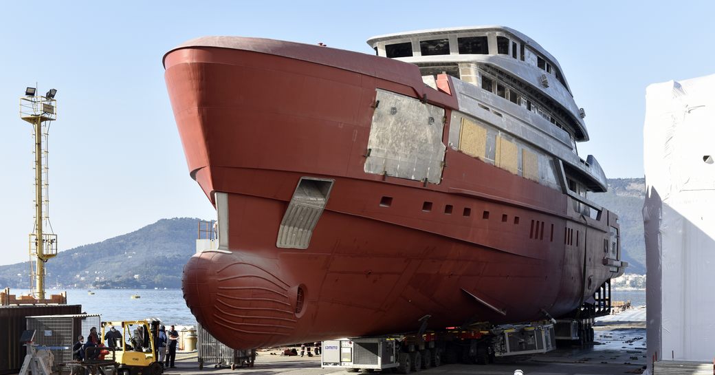 Hull of 57Steel yacht in shipyard