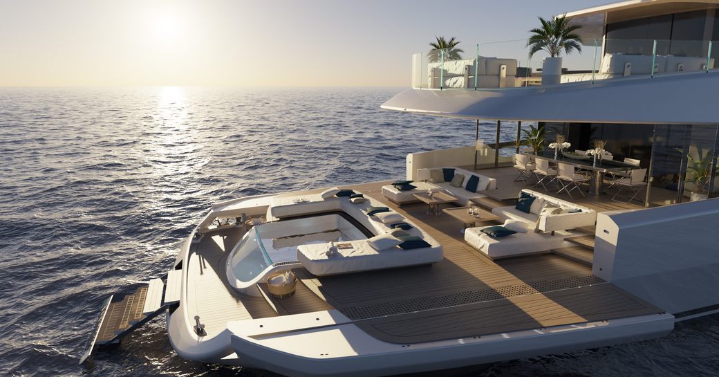 Rendering of large beach club and pool with fold down wings on Atlantique 43