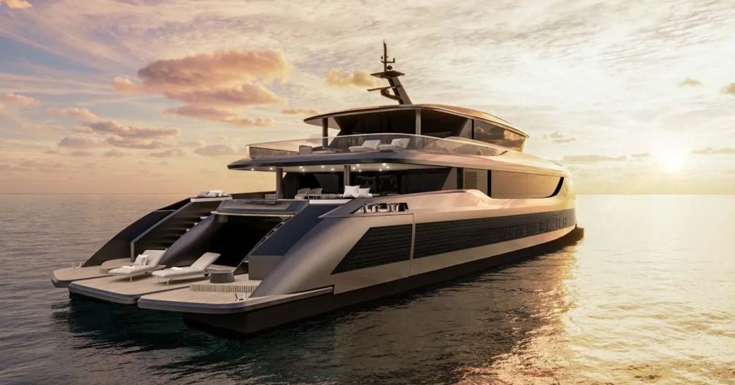 40M Sunreef Explorer Eco shown at sunset in still water, water level view over aft deck and starboard side profile