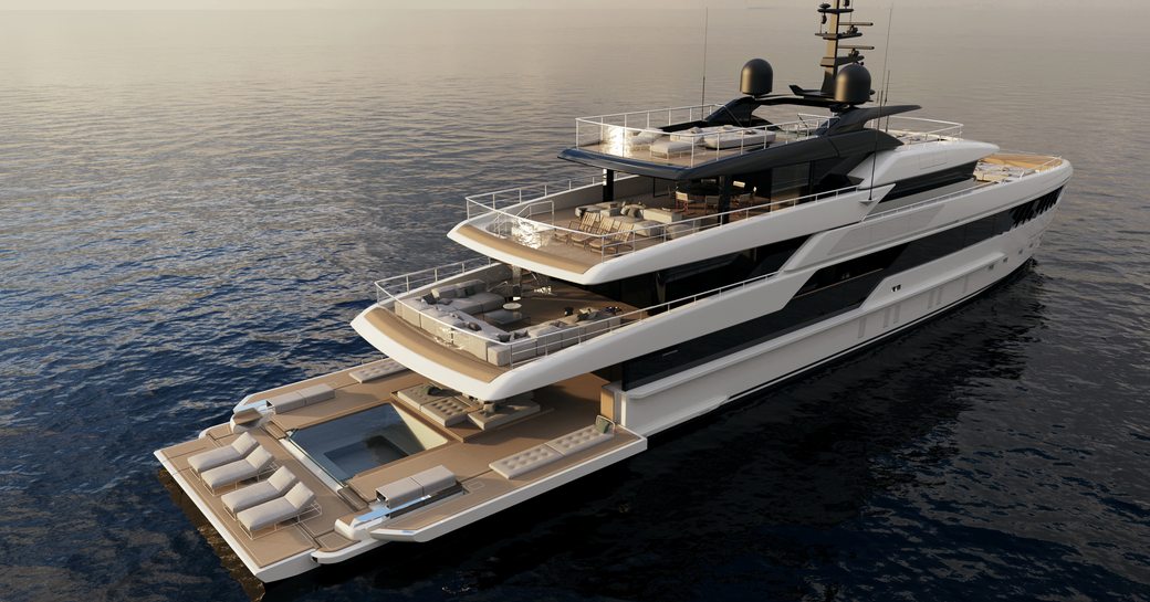 An aerial view of the Sanlorenzo 50Steel's four decks, complete with a spacious beach club at the stern