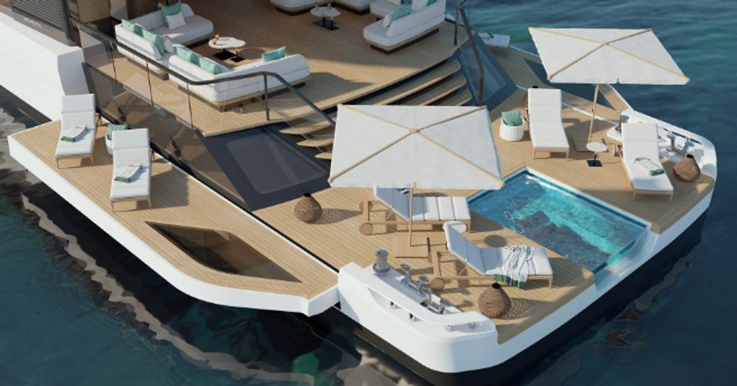 Render of the Mangusta Oceano 52 beach club, complete with free-standing furniture and parasols 