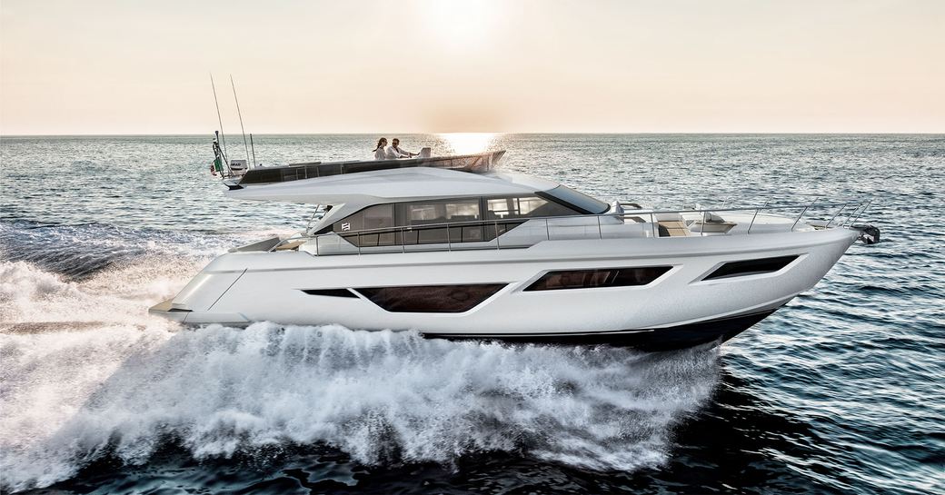 Side view of Ferretti Yachts 580 underway, surrounded by sea.