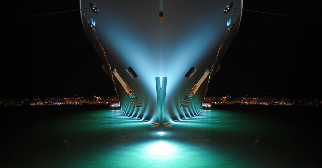 superyacht bow water level at night