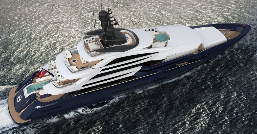 Aerial view of ISA Classic 65m superyacht, looking diagonally down showing three decks and the boat on the sea