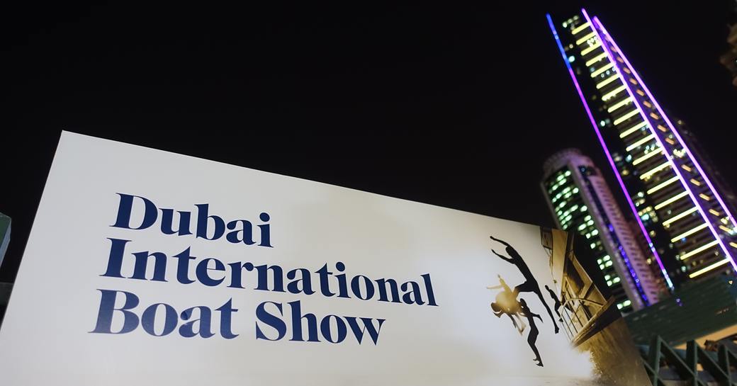 Dubai International Boat Show signage at night