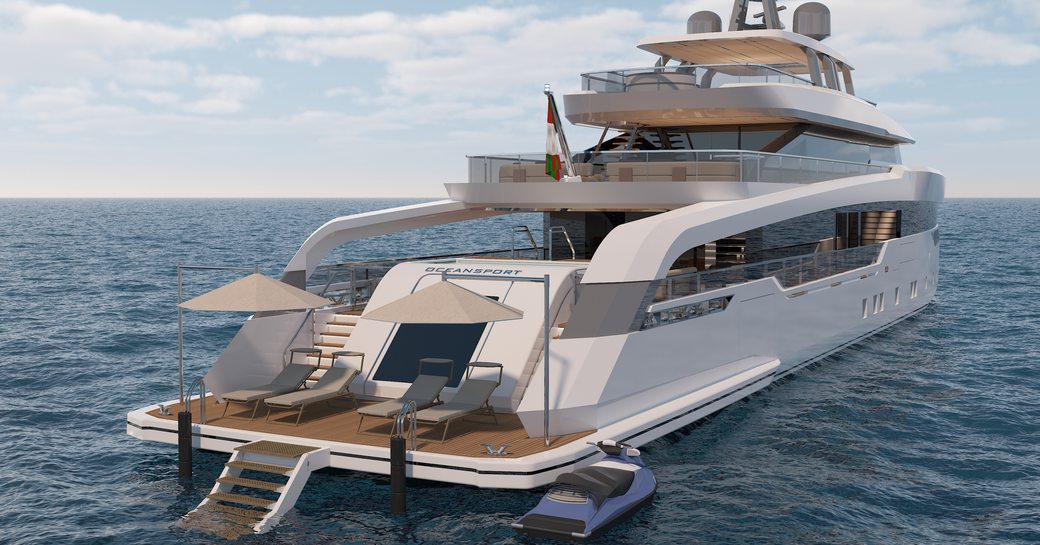 Rendering of CRN 142 showing superyacht from behind