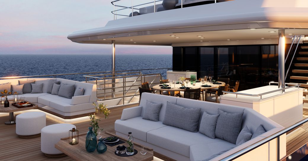 Comfortable seating and tables on explorer yacht Seven Seas