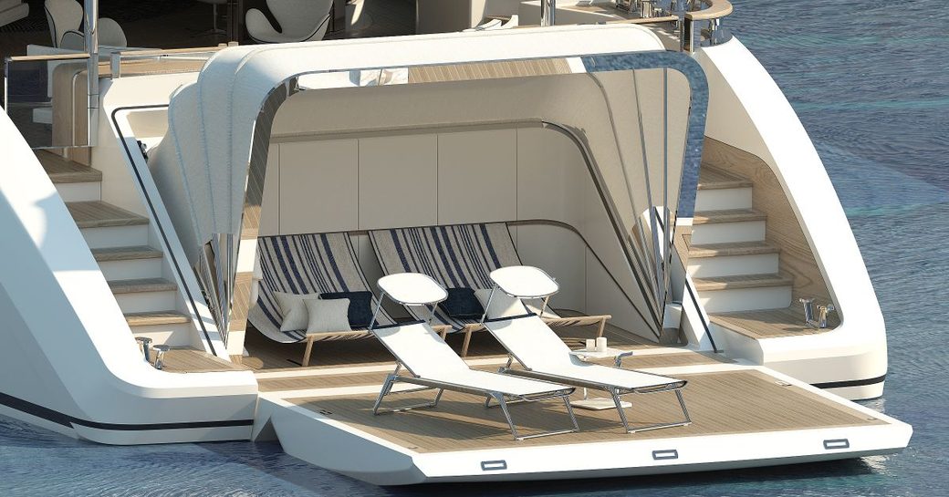 Rendering of beach club with canopy up and sunloungers on swim platform on Benetti Motopanfilo