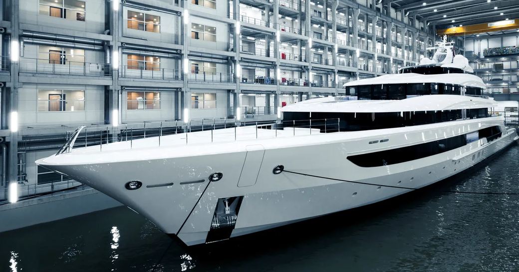 M/Y H3 docked inside her construction shed.