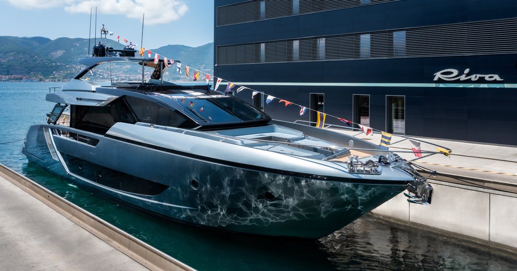 Forward view of Riva 82 Diva during launch ceremony at La Spezia