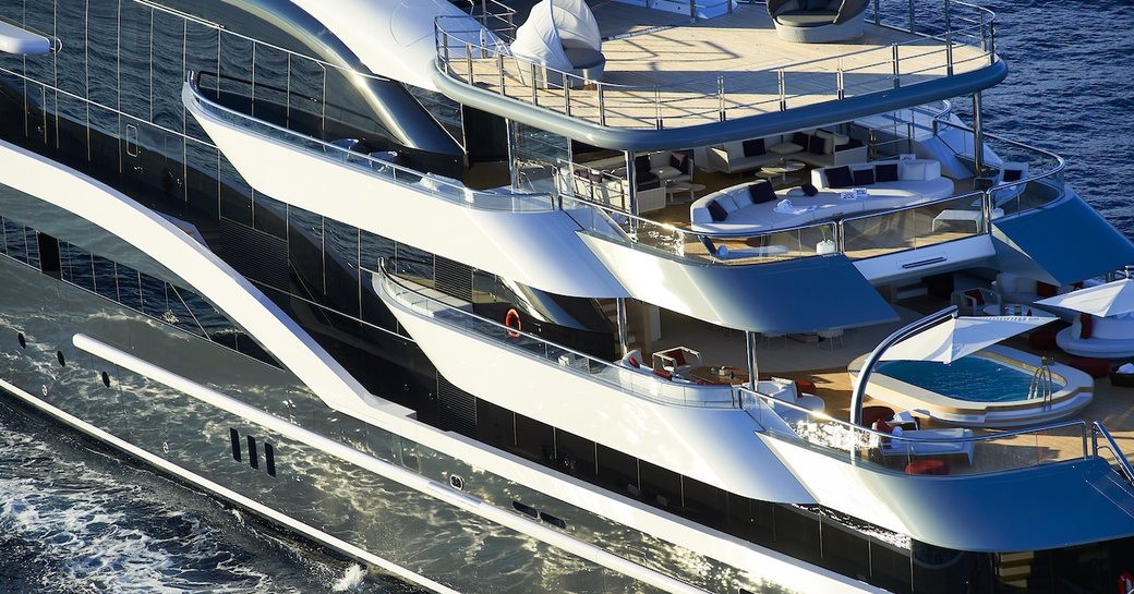 Oceanco yacht DAR tiered aft decks showing from an aerial shot