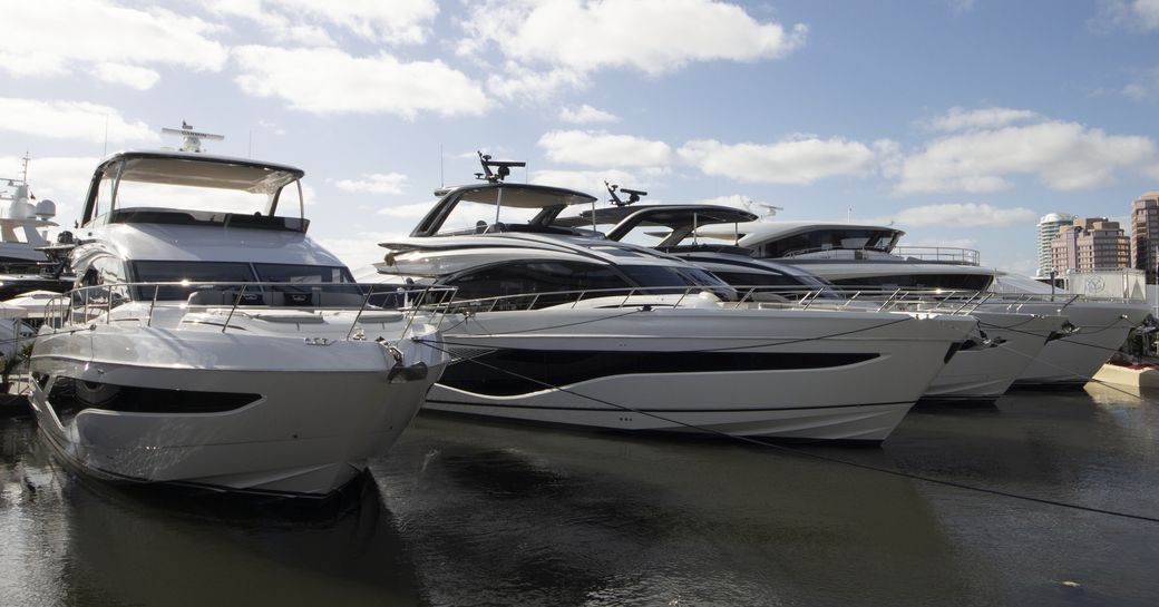 Motor yachts for sale berthed at the Palm Beach International Boat Show