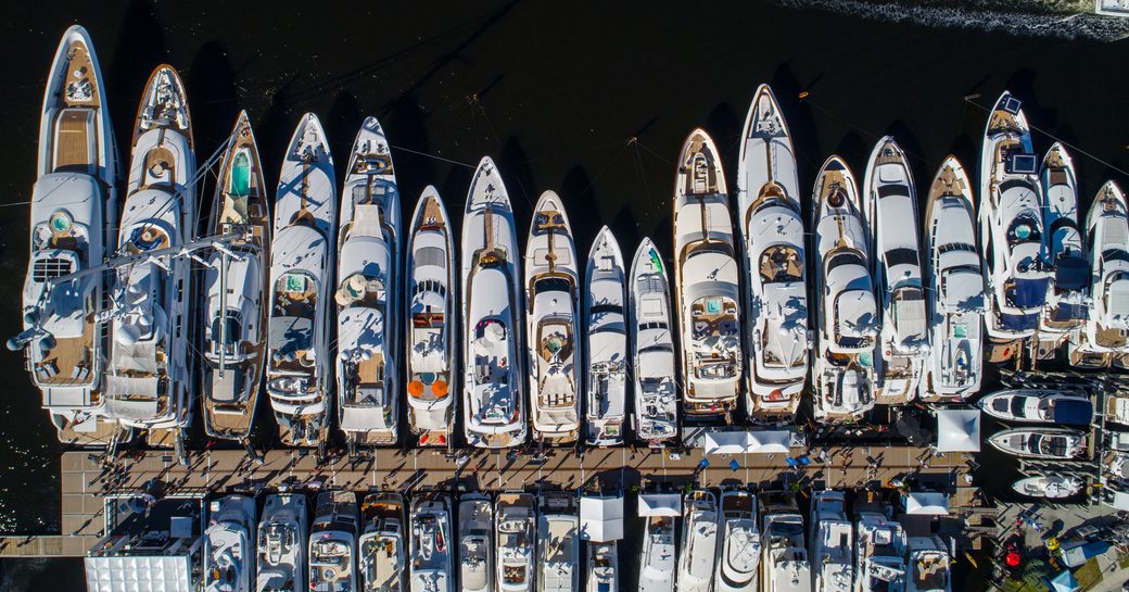 Aerial overhead view of motor yachts berthed during FLIBS.