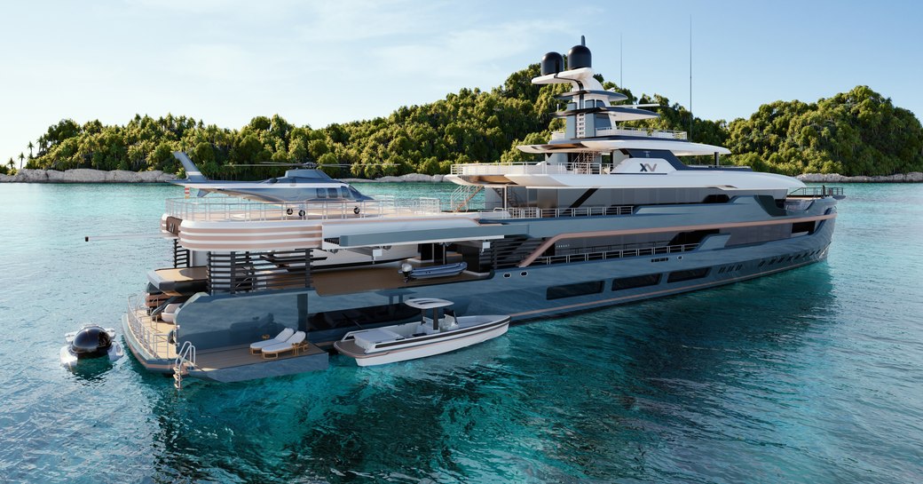 Rendering of Heesen XV67 with tender alongside, surrounded by sea with an island in background.