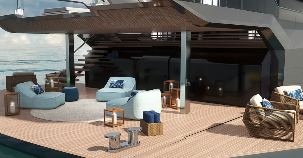 Comfortable loungers on wooden decking under awning on Estrade superyacht