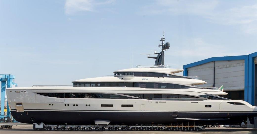 A side-shot of IRYNA, the First Benetti B.Now 67, being rolled out of the shed ahead of launch