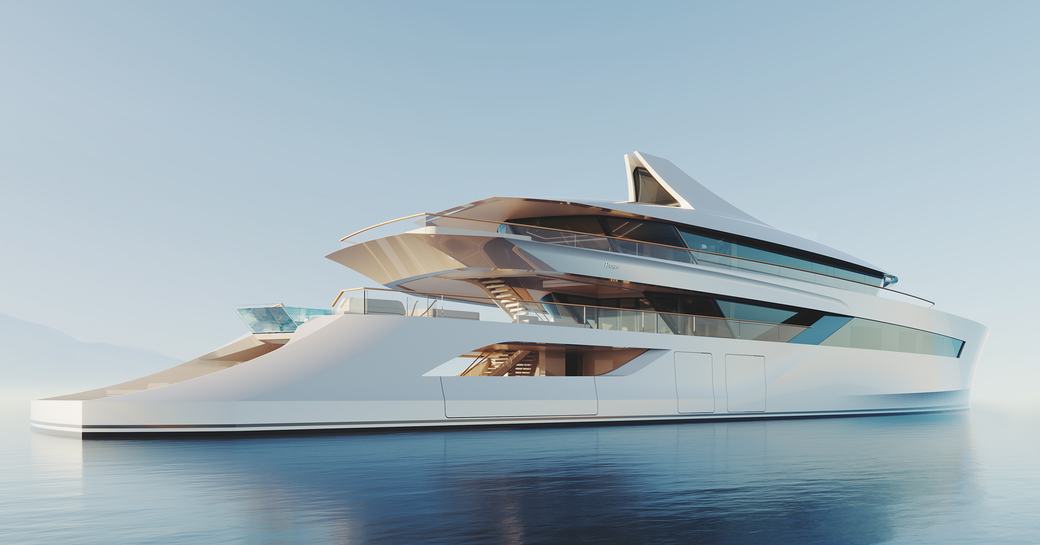 A view of Feadship Concept C's stern and starboard side with extensive amounts of glazing