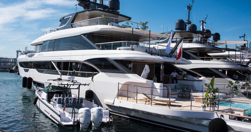 Superyachts berthed at the Cannes Yachting Festival