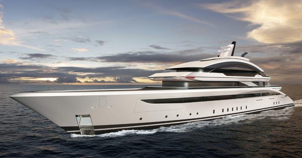 A close-up shot of Oceanco Project VOLARE's port-side bow