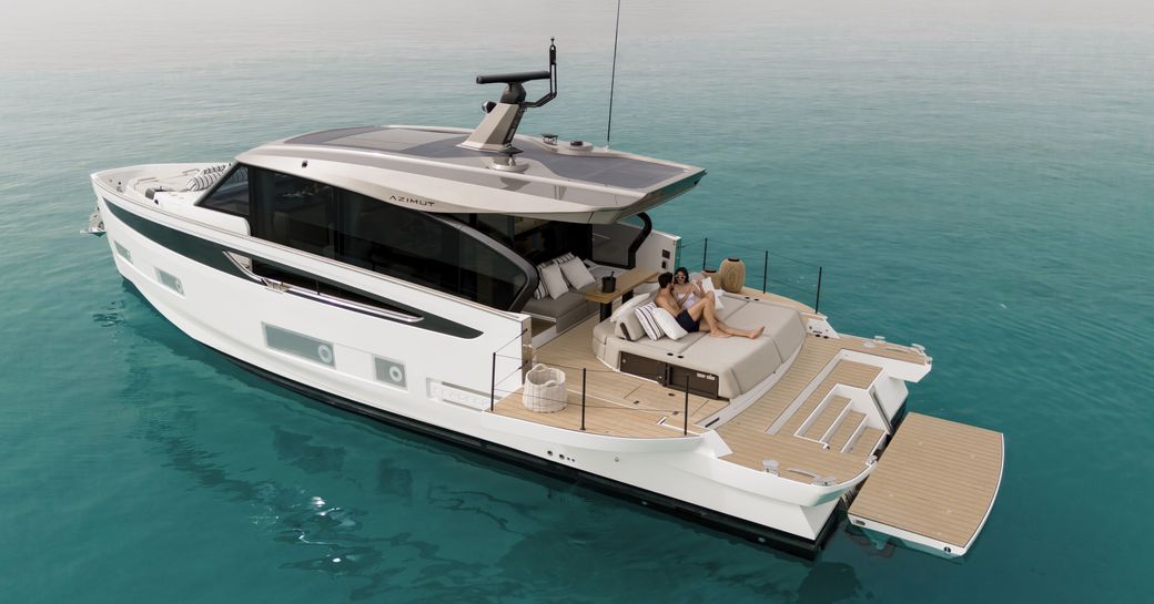 Azimut Seadeck 6 port quarter deck view over aft deck with platform lowered