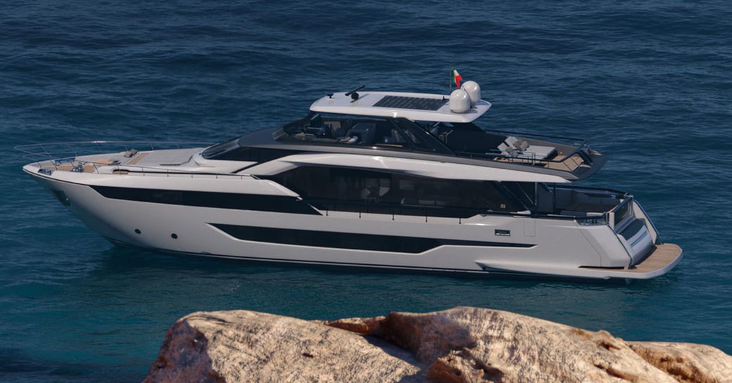 A top down, port side-view of the Ferretti 940 flybridge at sea