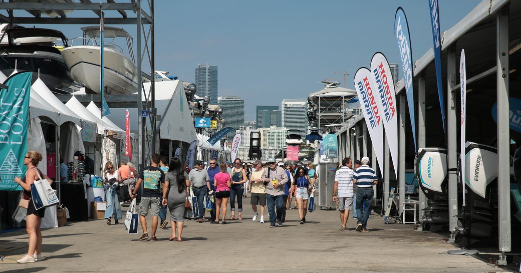 People at Miami Boat Show looking at displays