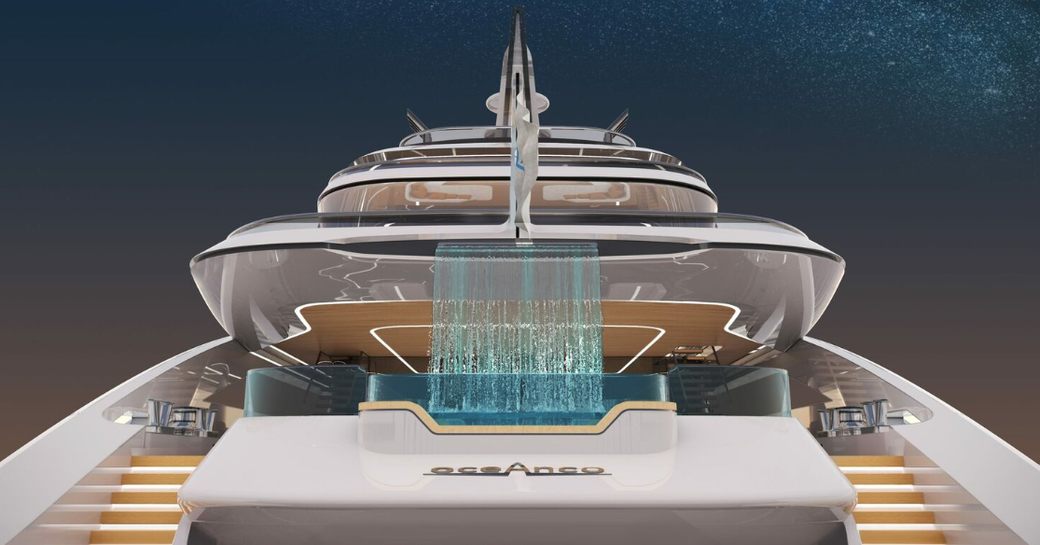 The aft pool aboard Oceanco Project VOLARE boasts a waterfall