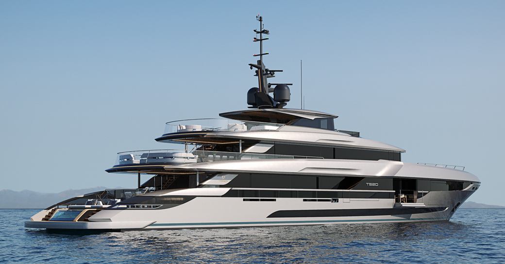 A render of Tankoa Yachts T520 Fenice on anchor in a calm blue sea