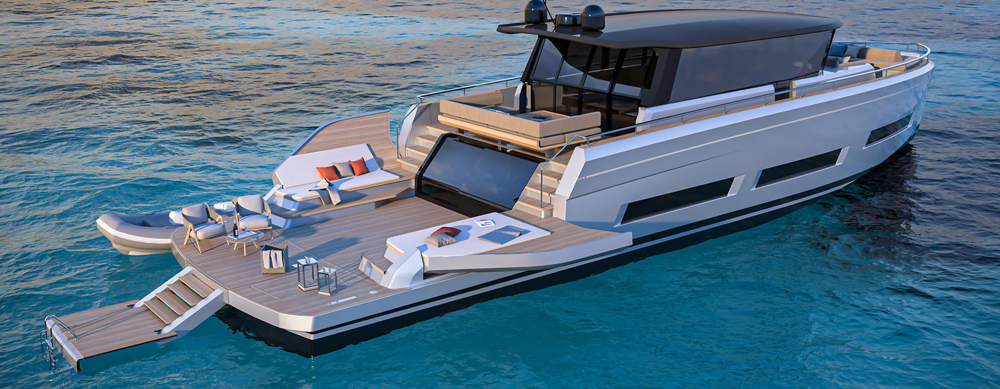 Pardo GT75 mid aerial view over starboard quarter deck and side profile showing side wings down extending bathing platform and steps leading into water, sunpads placed, calm waters, twilight