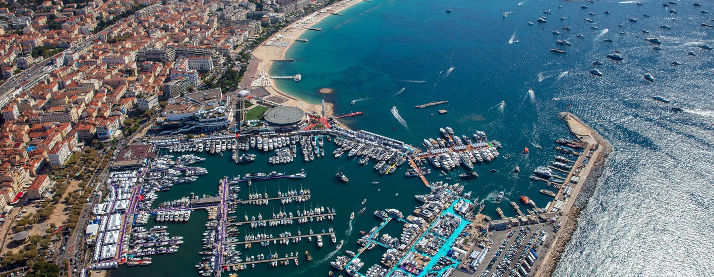 Aerial view of the Cannes Yachting Festival, settlement of Cannes and marina, surrounded by sea