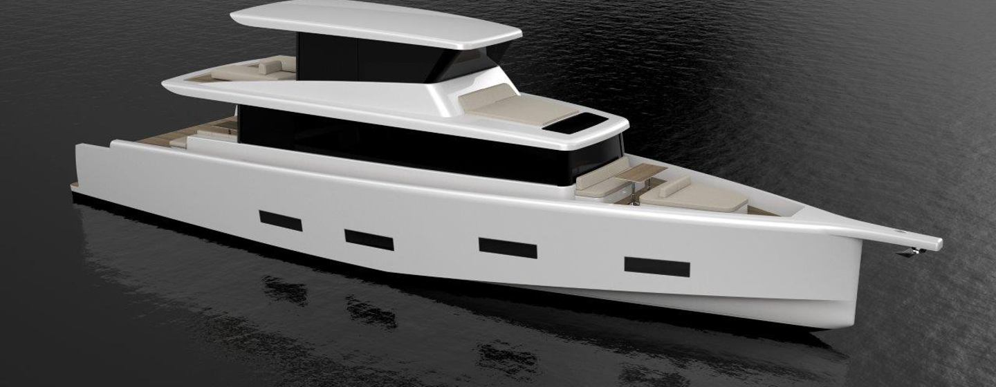 A render of the Omikron Yachts OT-80 showcasing its starboard-side 