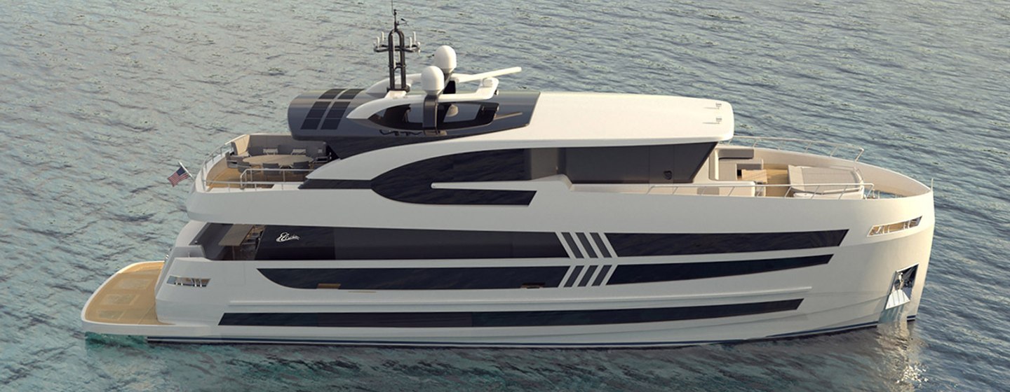 rendering of the white EX87 superyacht with black glazing anchored in calm waters