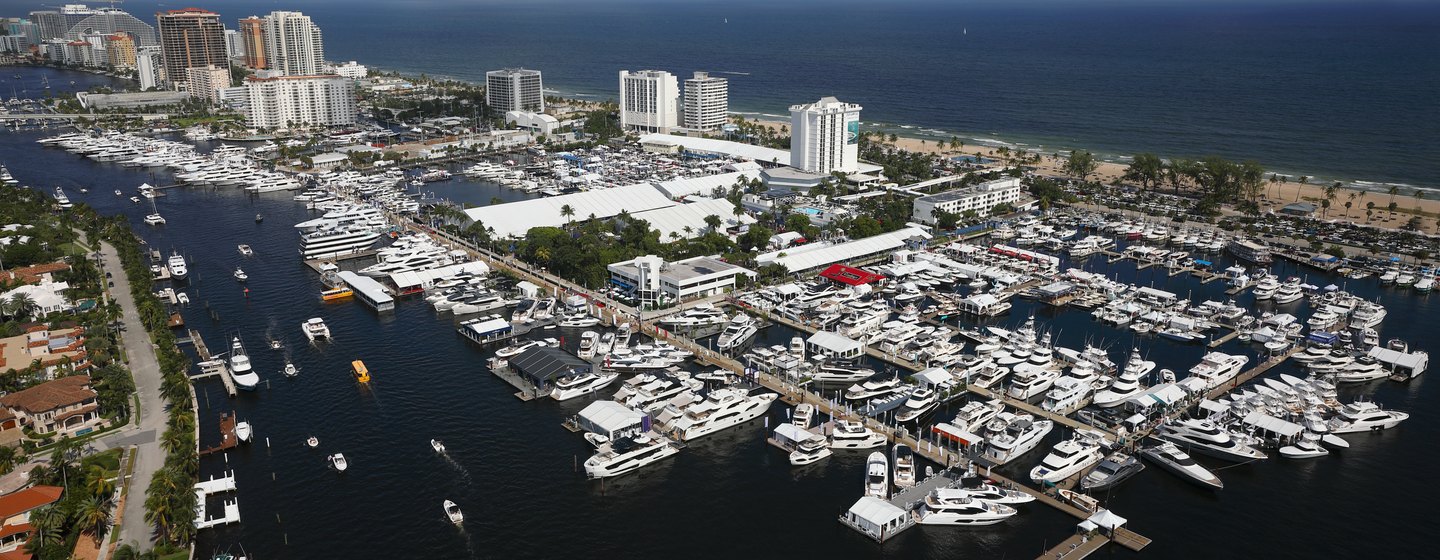 Aerial view of FLIBS, surrounded by skyscrapers and sea