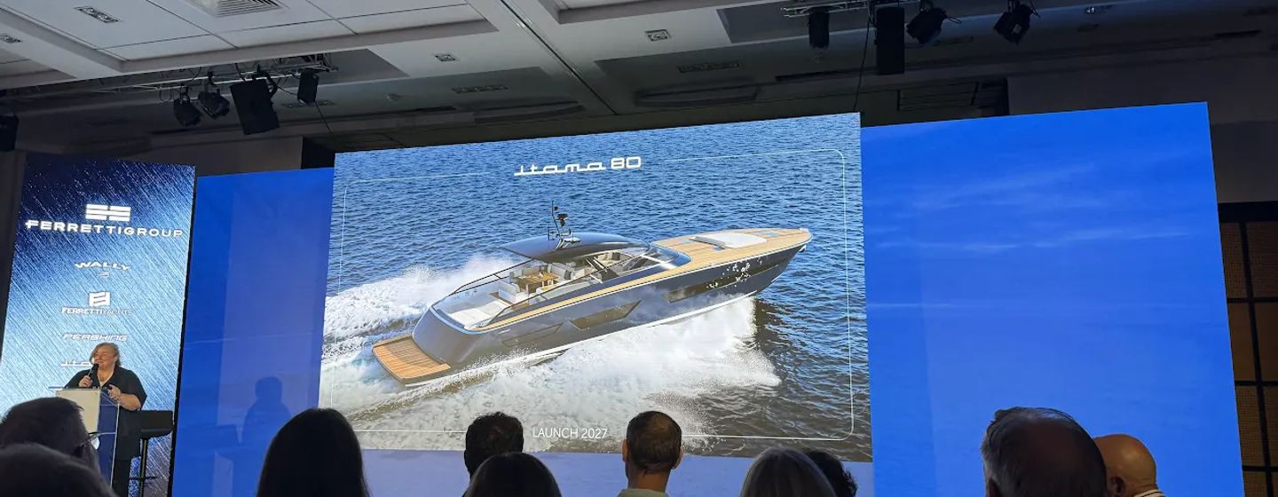 Itama 80 Motor Yacht being revealed at Ferretti Group press conference at Cannes Yachting Festival 2026