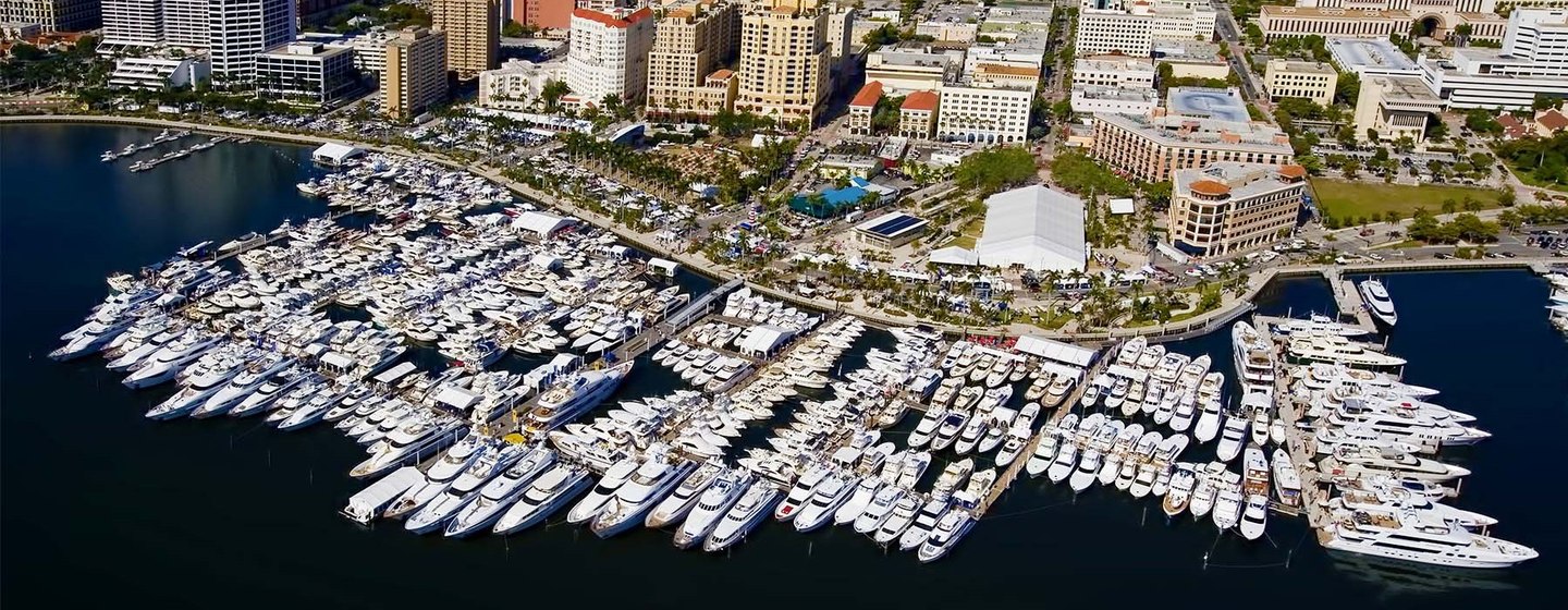 Overview of Palm Beach International Boat Show, hundreds of motor yachts moored in marina