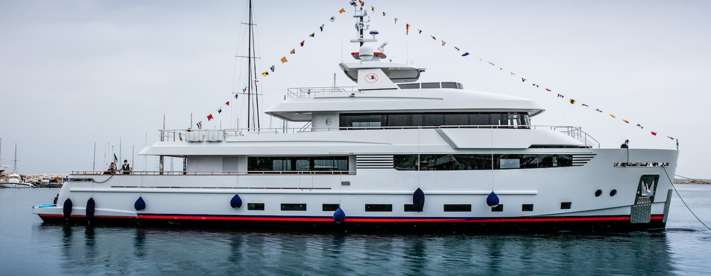 Crowbridge explorer yacht built by Cantiere delle Marche on calm waters with sky in the background