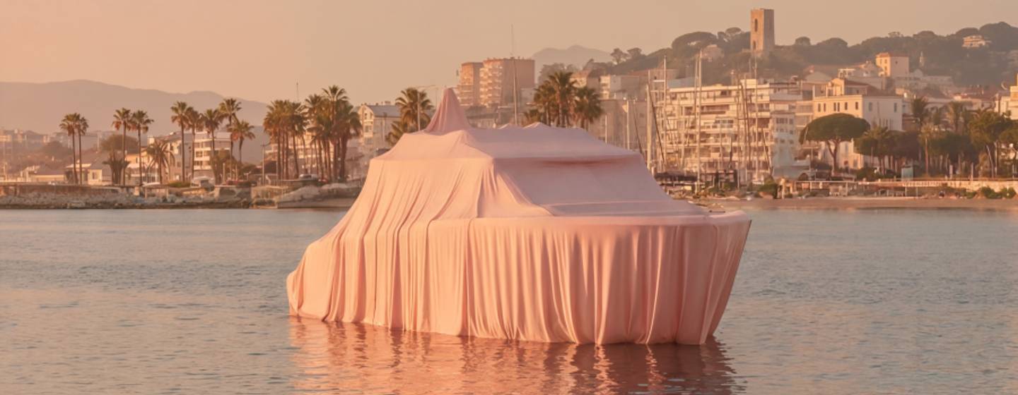 rendering of Bellini Astor 68 yacht under pink sheet