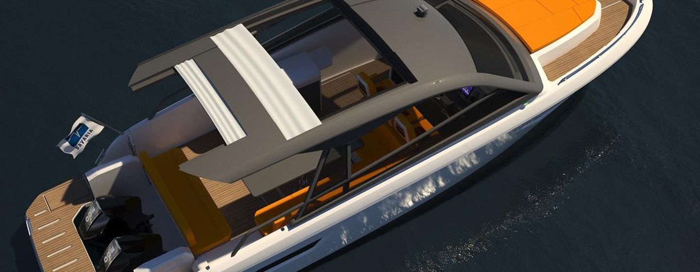 Aerial view of Bavaria Vida 33 rendering at sea