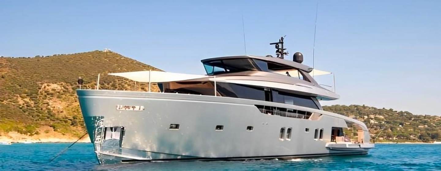 First Sanlorenzo SX112  Just Marie III at anchor in Greece