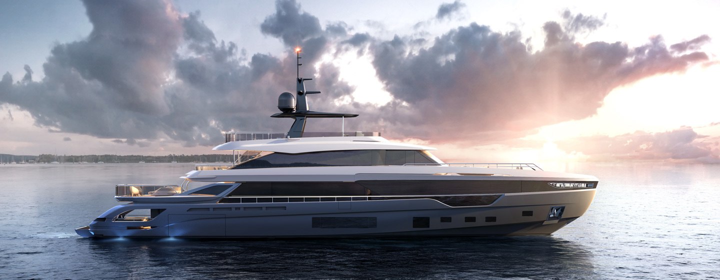 Azimut Grande 38 Trideck rendering, surrounded by sea at sunset