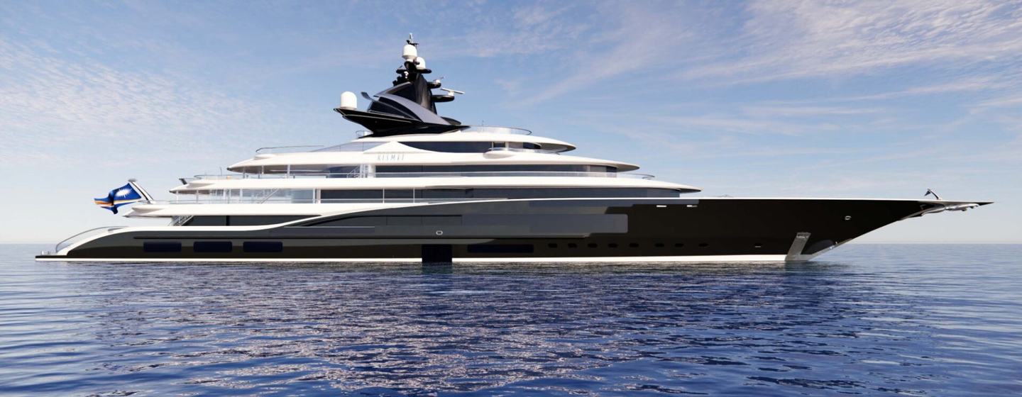 Lurssen yacht KISMET shown starboard side profile from water level, stationary in calm sea on bright day